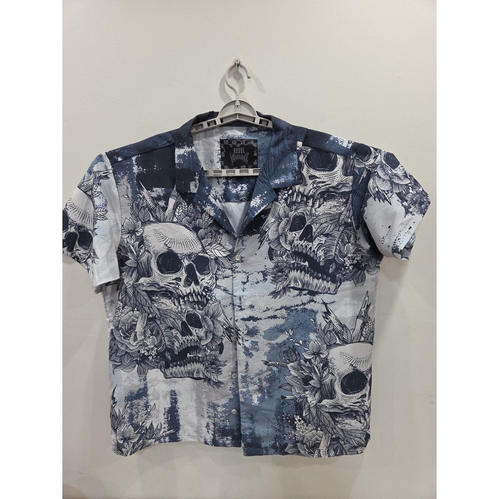 SICK Rebel Vengeance Skulls Goth Short Sleeve Button Up Shirt 100%‎ Poly XXL
